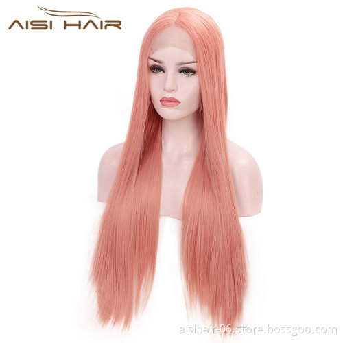 Aisi Hair Long Straight Lace Front Synthetic Wigs Natural Looking Red Silk Straight Long Wigs Colorful Lace Front Hair Wigs